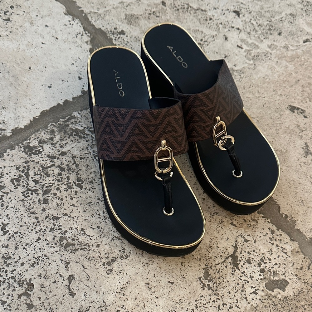 Aldo Black and Brown Slides with Gold Details